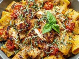 Chicken rigatoni pasta in a deep skillet, golden seared chicken pieces, ribbed rigatoni coated in creamy orange-tinted sauce, sun-dried tomatoes, wilted spinach, parmesan grated on top, basil garnish