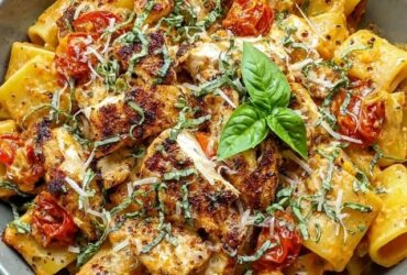 Chicken rigatoni pasta in a deep skillet, golden seared chicken pieces, ribbed rigatoni coated in creamy orange-tinted sauce, sun-dried tomatoes, wilted spinach, parmesan grated on top, basil garnish