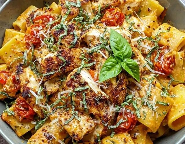 Chicken rigatoni pasta in a deep skillet, golden seared chicken pieces, ribbed rigatoni coated in creamy orange-tinted sauce, sun-dried tomatoes, wilted spinach, parmesan grated on top, basil garnish