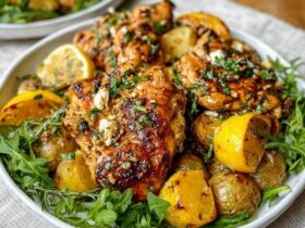 Lemon herb chicken and potatoes on a sheet pan, golden roasted bone-in chicken thighs, crispy quartered baby potatoes, lemon slices, fresh thyme and rosemary sprigs, garlic cloves, glossy pan juices