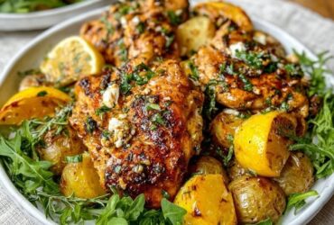 Lemon herb chicken and potatoes on a sheet pan, golden roasted bone-in chicken thighs, crispy quartered baby potatoes, lemon slices, fresh thyme and rosemary sprigs, garlic cloves, glossy pan juices