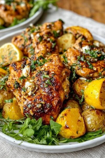 Lemon herb chicken and potatoes on a sheet pan, golden roasted bone-in chicken thighs, crispy quartered baby potatoes, lemon slices, fresh thyme and rosemary sprigs, garlic cloves, glossy pan juices
