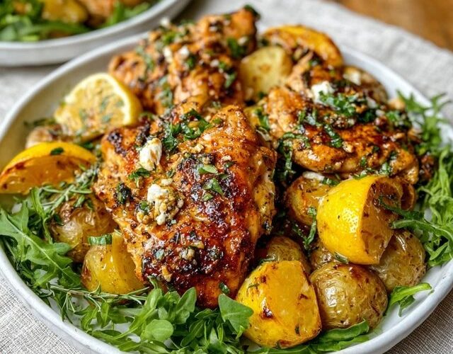 Lemon herb chicken and potatoes on a sheet pan, golden roasted bone-in chicken thighs, crispy quartered baby potatoes, lemon slices, fresh thyme and rosemary sprigs, garlic cloves, glossy pan juices