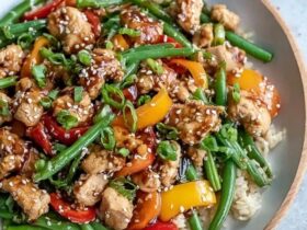 Chicken stir fry with vegetables in a wide black skillet, golden seared chicken pieces, colorful broccoli florets, red and yellow bell peppers, snap peas, sliced carrots, all coated in glossy brown sauce, sesame seeds on top