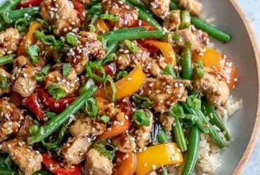 Chicken stir fry with vegetables in a wide black skillet, golden seared chicken pieces, colorful broccoli florets, red and yellow bell peppers, snap peas, sliced carrots, all coated in glossy brown sauce, sesame seeds on top