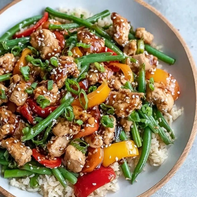 Chicken stir fry with vegetables in a wide black skillet, golden seared chicken pieces, colorful broccoli florets, red and yellow bell peppers, snap peas, sliced carrots, all coated in glossy brown sauce, sesame seeds on top