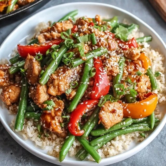 Close-up of stir fry showing chicken chunk in glossy sauce, broccoli florets with seared edges, julienned carrots, sesame seeds clinging to everything