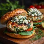 Spinach feta chicken burger on a toasted brioche bun, juicy ground chicken patty flecked with green spinach and white feta crumbles, tomato, red onion, tzatziki dripping down the side