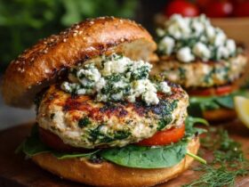 Spinach feta chicken burger on a toasted brioche bun, juicy ground chicken patty flecked with green spinach and white feta crumbles, tomato, red onion, tzatziki dripping down the side
