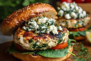 Spinach feta chicken burger on a toasted brioche bun, juicy ground chicken patty flecked with green spinach and white feta crumbles, tomato, red onion, tzatziki dripping down the side