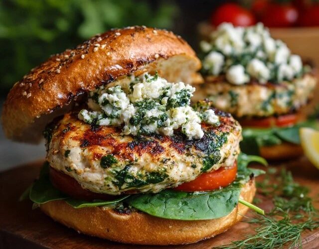 Spinach feta chicken burger on a toasted brioche bun, juicy ground chicken patty flecked with green spinach and white feta crumbles, tomato, red onion, tzatziki dripping down the side
