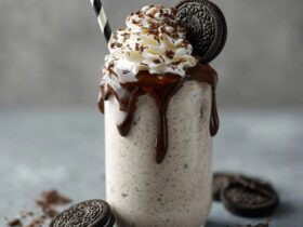 Tall glass of thick Oreo milkshake topped with whipped cream, a whole Oreo on the rim, crushed cookie crumbs, chocolate drizzle down the inside of the glass, striped straw