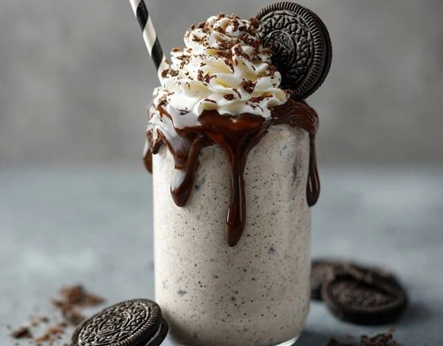 Tall glass of thick Oreo milkshake topped with whipped cream, a whole Oreo on the rim, crushed cookie crumbs, chocolate drizzle down the inside of the glass, striped straw