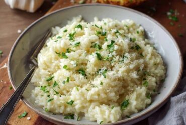 Creamy garlic parmesan risotto in a shallow bowl, glossy arborio rice with a loose spoonable texture, grated parmesan melting on top, cracked black pepper, fresh parsley