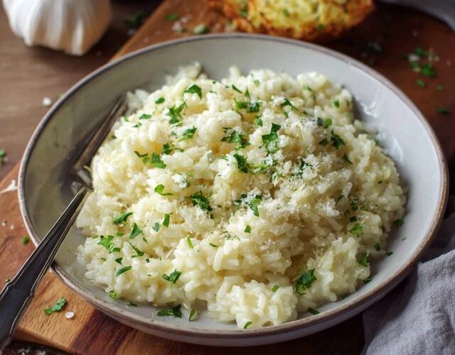 Creamy garlic parmesan risotto in a shallow bowl, glossy arborio rice with a loose spoonable texture, grated parmesan melting on top, cracked black pepper, fresh parsley