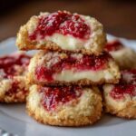 Raspberry cream cheese cookies on a cooling rack, soft pale cookies with a thumbprint well of glossy red raspberry jam in the center, light dusting of powdered sugar
