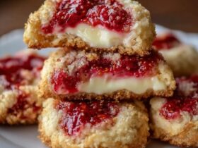 Raspberry cream cheese cookies on a cooling rack, soft pale cookies with a thumbprint well of glossy red raspberry jam in the center, light dusting of powdered sugar
