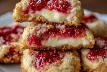 Raspberry cream cheese cookies on a cooling rack, soft pale cookies with a thumbprint well of glossy red raspberry jam in the center, light dusting of powdered sugar