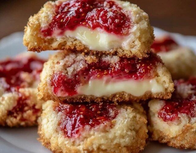 Raspberry cream cheese cookies on a cooling rack, soft pale cookies with a thumbprint well of glossy red raspberry jam in the center, light dusting of powdered sugar