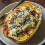 Two roasted spaghetti squash halves filled with creamy spinach artichoke mixture, melted bubbly cheese on top, golden edges, served in the squash shells on a baking sheet