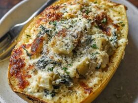 Two roasted spaghetti squash halves filled with creamy spinach artichoke mixture, melted bubbly cheese on top, golden edges, served in the squash shells on a baking sheet