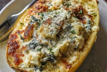 Two roasted spaghetti squash halves filled with creamy spinach artichoke mixture, melted bubbly cheese on top, golden edges, served in the squash shells on a baking sheet
