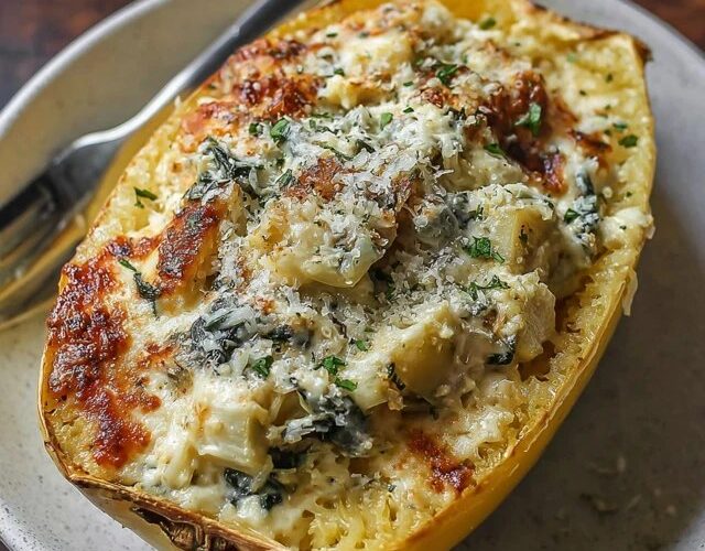 Two roasted spaghetti squash halves filled with creamy spinach artichoke mixture, melted bubbly cheese on top, golden edges, served in the squash shells on a baking sheet