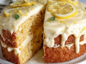 Lemon drizzle cake loaf on a board, golden crumb with a crackly sugar-lemon crust on top, a few slices cut to show the moist tender interior, lemon slices and zest alongside