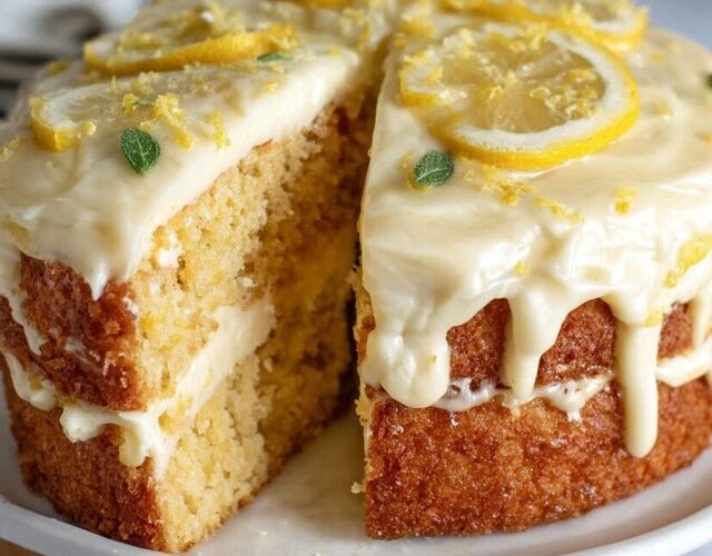 Lemon drizzle cake loaf on a board, golden crumb with a crackly sugar-lemon crust on top, a few slices cut to show the moist tender interior, lemon slices and zest alongside