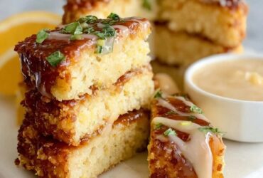 Lemon coconut cake bars cut into squares, soft yellow crumb, white lemon glaze on top sprinkled with toasted shredded coconut, stacked on parchment paper