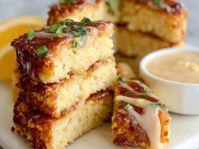 Lemon coconut cake bars cut into squares, soft yellow crumb, white lemon glaze on top sprinkled with toasted shredded coconut, stacked on parchment paper
