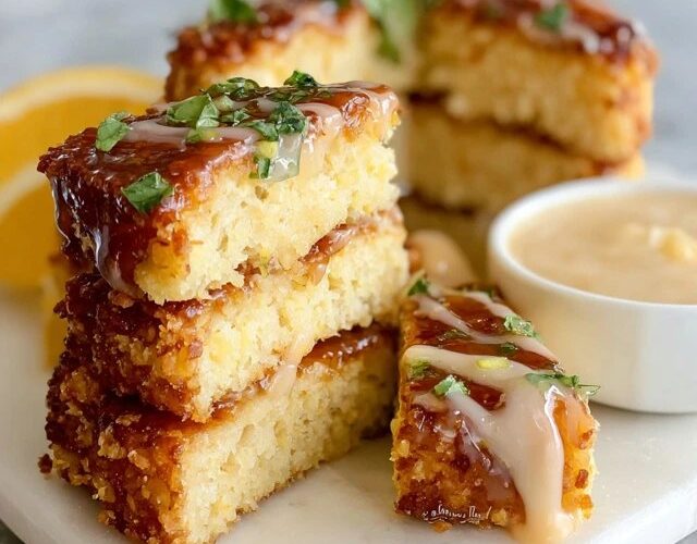 Lemon coconut cake bars cut into squares, soft yellow crumb, white lemon glaze on top sprinkled with toasted shredded coconut, stacked on parchment paper