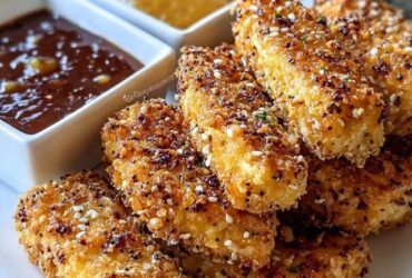 Pile of golden crispy tofu nuggets with a crunchy breadcrumb coating, one bitten to show the tender white tofu inside, small bowl of dipping sauce, parsley garnish