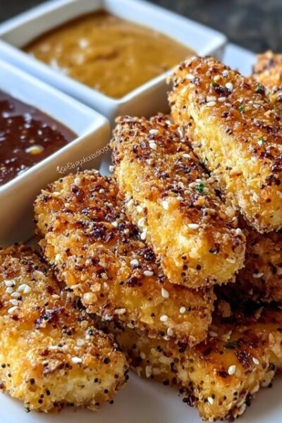 Pile of golden crispy tofu nuggets with a crunchy breadcrumb coating, one bitten to show the tender white tofu inside, small bowl of dipping sauce, parsley garnish