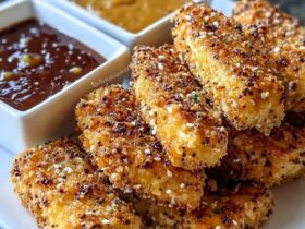 Pile of golden crispy tofu nuggets with a crunchy breadcrumb coating, one bitten to show the tender white tofu inside, small bowl of dipping sauce, parsley garnish