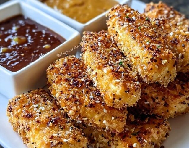 Pile of golden crispy tofu nuggets with a crunchy breadcrumb coating, one bitten to show the tender white tofu inside, small bowl of dipping sauce, parsley garnish