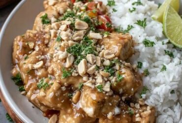 Peanut chicken over fluffy white rice in a bowl, glossy golden-brown peanut sauce coating tender chicken pieces, topped with crushed peanuts, sliced green onion, lime wedge and cilantro