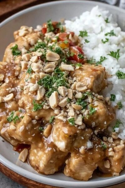 Peanut chicken over fluffy white rice in a bowl, glossy golden-brown peanut sauce coating tender chicken pieces, topped with crushed peanuts, sliced green onion, lime wedge and cilantro