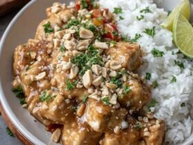Peanut chicken over fluffy white rice in a bowl, glossy golden-brown peanut sauce coating tender chicken pieces, topped with crushed peanuts, sliced green onion, lime wedge and cilantro