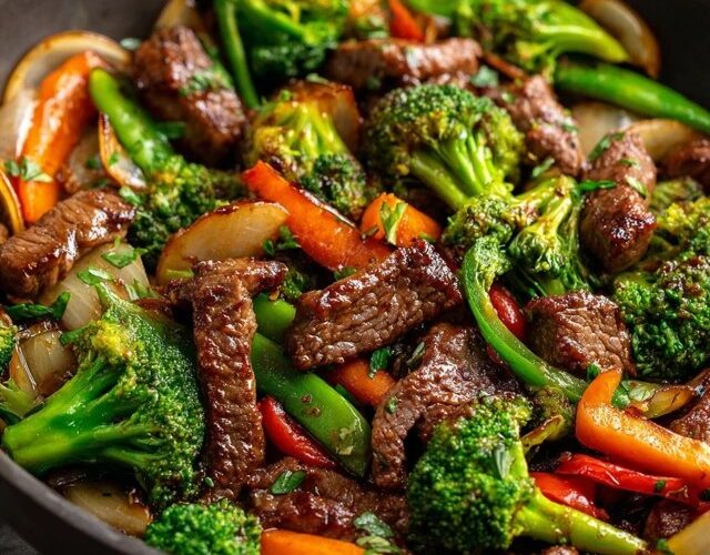 Beef and broccoli stir fry in a wok, glossy dark brown sauce coating tender beef strips and bright green broccoli florets, sesame seeds and sliced green onion on top, served over white rice