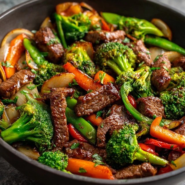 Beef and broccoli stir fry in a wok, glossy dark brown sauce coating tender beef strips and bright green broccoli florets, sesame seeds and sliced green onion on top, served over white rice