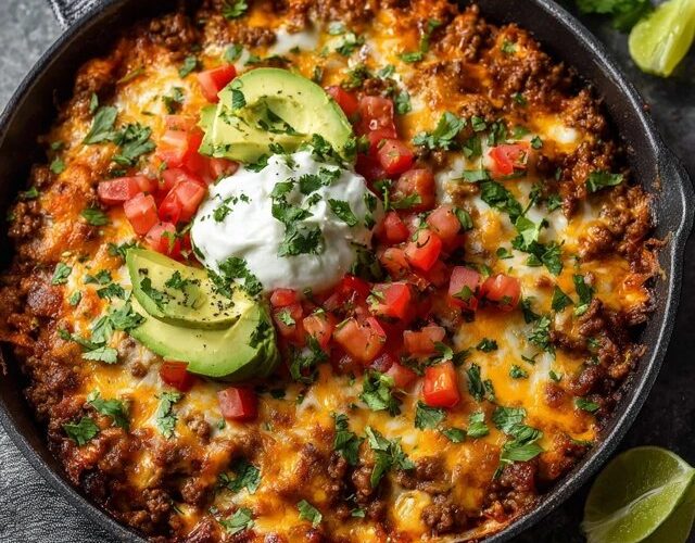 Cheesy beef taco skillet, seasoned ground beef and rice topped with melted cheese, diced tomatoes, black beans, corn, jalapeño and cilantro, served with tortilla chips on the side