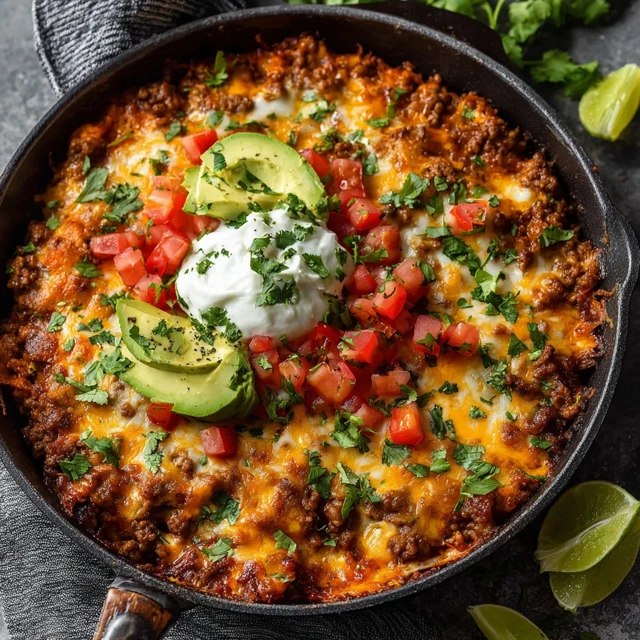 Cheesy beef taco skillet, seasoned ground beef and rice topped with melted cheese, diced tomatoes, black beans, corn, jalapeño and cilantro, served with tortilla chips on the side