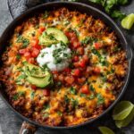 Cheesy beef taco skillet, seasoned ground beef and rice topped with melted cheese, diced tomatoes, black beans, corn, jalapeño and cilantro, served with tortilla chips on the side