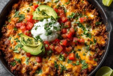 Cheesy beef taco skillet, seasoned ground beef and rice topped with melted cheese, diced tomatoes, black beans, corn, jalapeño and cilantro, served with tortilla chips on the side