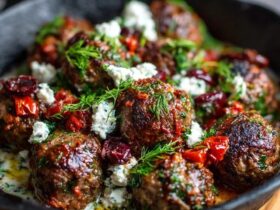 Mediterranean meatballs in a skillet of rich tomato sauce topped with crumbled feta and fresh herbs, served with warm pita and lemon wedges