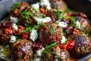 Mediterranean meatballs in a skillet of rich tomato sauce topped with crumbled feta and fresh herbs, served with warm pita and lemon wedges