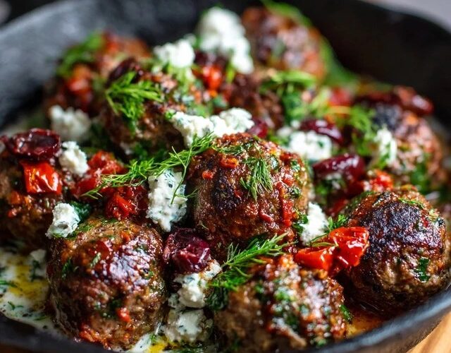 Mediterranean meatballs in a skillet of rich tomato sauce topped with crumbled feta and fresh herbs, served with warm pita and lemon wedges