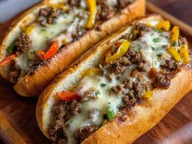 Philly cheesesteak sandwich on a hoagie roll overflowing with thinly sliced steak, sautéed peppers and onions, and gooey melted provolone cheese