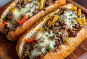 Philly cheesesteak sandwich on a hoagie roll overflowing with thinly sliced steak, sautéed peppers and onions, and gooey melted provolone cheese